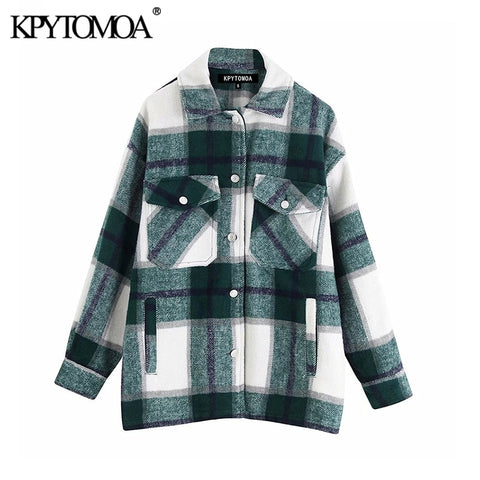 Sonicelife Vintage Stylish Pockets Oversized Plaid Jacket Coat Women 2024 Fashion Lapel Collar Long Sleeve Loose Outerwear Chic Tops