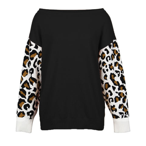 Sonicelife Sale Women Long Sleeve Leopard Printed Sweater Winter Female Casual Patchwork Knitted Sweater Ladies Off Shoulder Pullovers D30