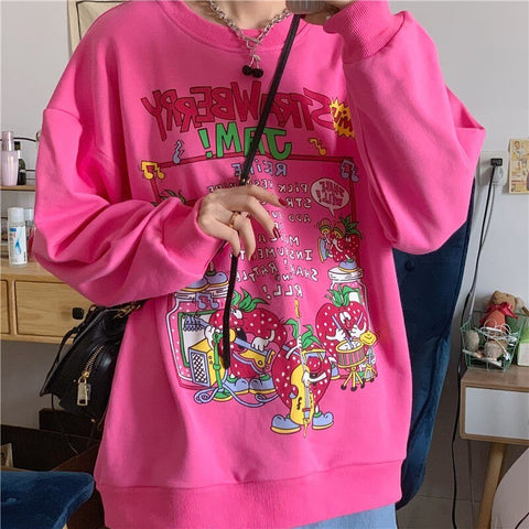 Sonicelife Harajuku Oversized Strawberry Print Hoodie Women O Neck Loose Vintage Clothes Top Streetwear Sweatshirts Graphic Cute Pullover