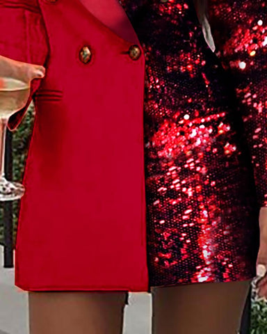 2023  Women Office Dress Colorblock Patchwork Long Sleeve Blazer Dress V Neck Sequins Double Breasted Blazer Dress
