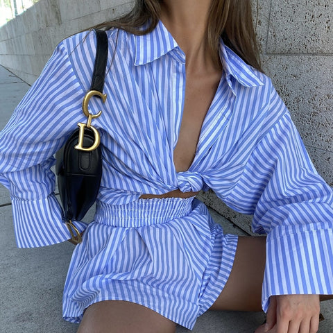 Sonicelife Fashion Casual Striped Blouse Shirts and Shorts Matching Set Loose Shirt Sleeve Top Outfits Summer 2023 Women Set