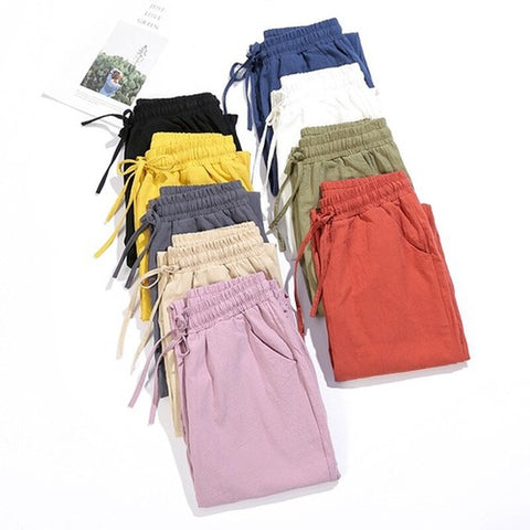 Woman Summer Harem Pants Vintage Candy Colors Cotton Linen Wide Leg Pants Solid Elastic Waist Ankle-length Capris Trousers