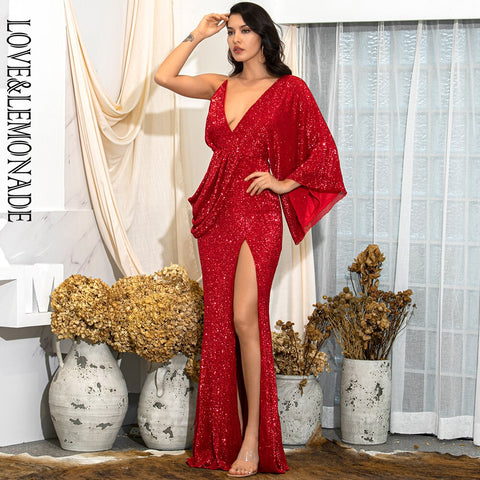 LOVE&LEMONADE  Red V-Neck Single Sleeve Sequins Split Party Maxi Dress LM81848