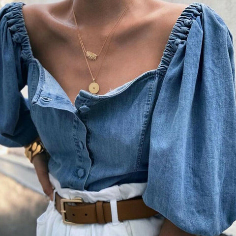 Sonicelife  Vintage Women's Button Down Denim Shirts Casual Off Shoulder Half Lantern Sleeve Loose Pullover Top Street Wear Shirts