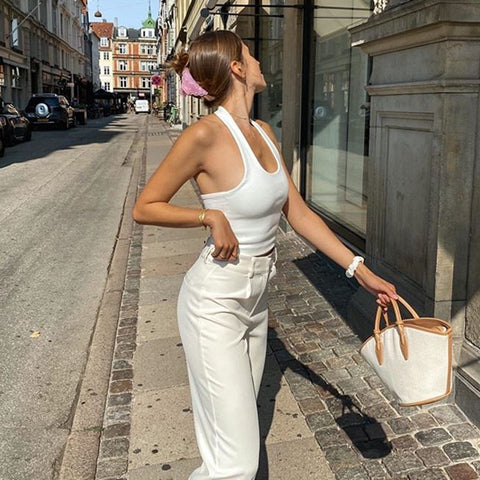 Sonicelife White Halter  Backless Tank Tops for Women Streetwear 2023 Sleeveless Ribbed Knit Vest Top Cropped Feminino