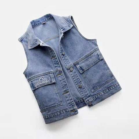 Women's Vest Big Pocket Jean Top Plus Size Spring Summer Waistcoat  Blue Turn-down Collar Loose Denim Sleeveless Jacket Woman
