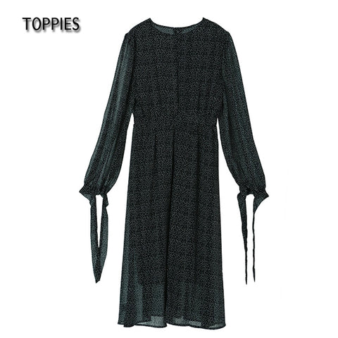 Sonicelife Toppies 2024 Fashion Women's Dress O Neck Casual Polka Dot Print Chiffon Elegant Dress Chic Long Sleeve Femme Dress