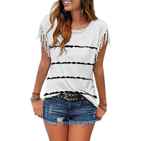 Sonicelife Summer New Stripe Printed T Shirt Women's O Neck Casual Fashion Tassel Sleeveless Tops Clothing Blusa Feminina Streetwear D30