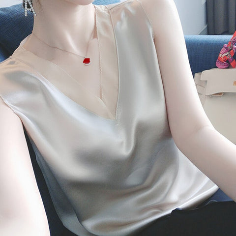 Women's Elegant Blouse Solid V-neck White Satin Silk Shirt Plus Size Vintage Clothing Chiffon Tunic Tops for Women Summer