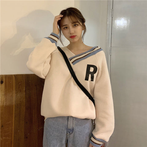 M-4XL Women Loose Tops Slouchy Style WinterWarm Sweatshirts V-Neck Long Sleeve Pullover Girls Patchwork Clothes Blouse Oversized