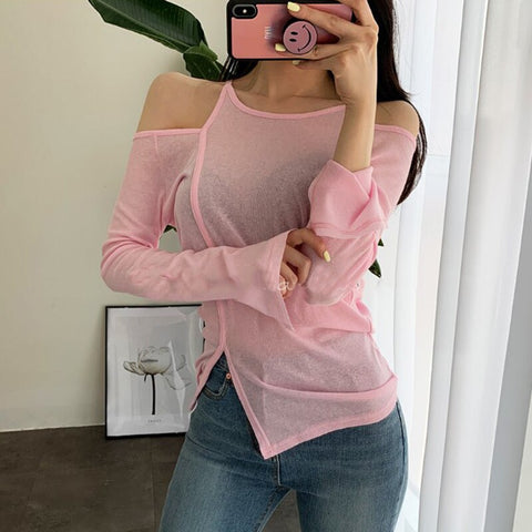 Sonicelife Christmas Gift Tshirt Off Shoulder Long Sleeve White Black Ladies T shirt 2024 Summer Fashion Casual Solid Tops Women Thin T-shirt See Through