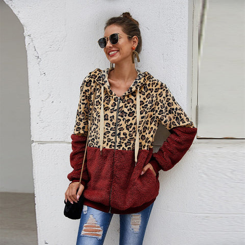 Autumn Winter Women Sweatshirt Hooded Leopard Hoodies Casual Zipper Long Sleeve Hoodie Fashion Velvet Tops Warm Coat Streetwear