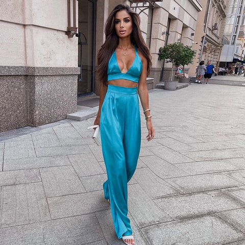 Sonicelife  Silky Satin Camis Crop Top and Pants 2 Piece Set for Women Matching Sets Outfits  High Waist Pants Streetwear