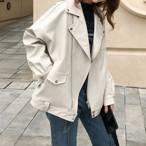 Sonicelife Sungtin Faux Leather Jacket Women Casual PU Loose Motorcycle Jackets Female Streetwear Oversized Coat Korean Chic New Spring