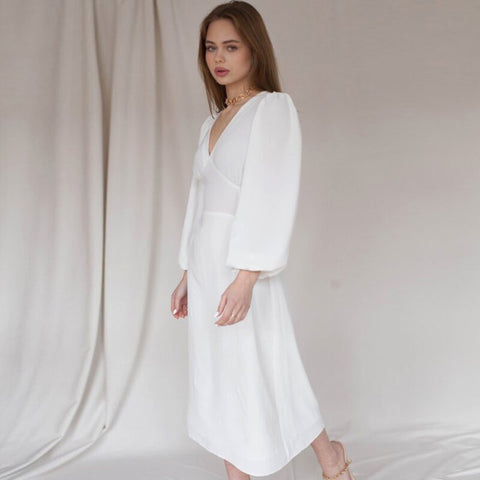 Sonicelife Churses Casual V-Neck Puff Sleeve Long Dress Autumn High Waist Elegant Vintage Party Dresses For Women 2024 New Arrival