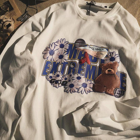 Sonicelife Vintage Couple Sweatshirt Women Floral Bear Loose Casual Long Sleeve Hoodies Oversized Streetwear Crew Collar Harajuku Top Cloth