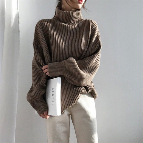 Sonicelife Oversized Cotton Knit Turtleneck Women Sweater Vintage Solid Cashmere Soft Loose Warm Thick Pullover Elastic Jumper Full Sleeve