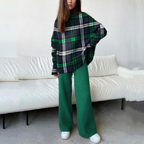 Sonicelife  Fashion High Street Knitted Tracksuit Outfits Elegant Retro Plaid Long Sleeve Turtleneck Tops + Wide Leg Pants Women 2 Piece Set