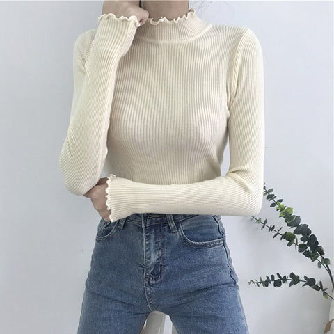 Christmas Gift Turtleneck Ruched Women Sweater High Elastic Solid 2023 Fall Winter Fashion Sweater Women Slim  Knitted Pullovers Pink White