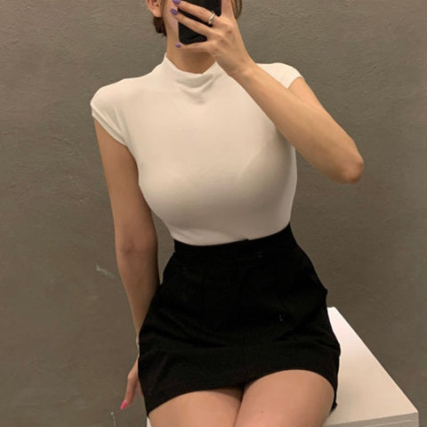 Sonicelife Christmas Gift AOSSVIAO Chic  Y2K Tops Woman Club Wear fashionable Summer T-Shirt Short Sleeve Turtleneck Neon Top Tee 2024 Black White