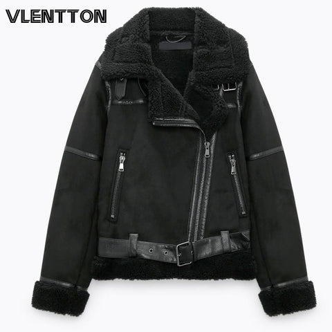 2023 New Winter Women Thick Warm Suede Lamb Jacket Short Biker  Casual With Belt Faux Leather Coats Brown Black Outwear Ladies