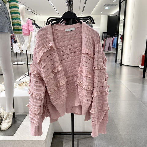 New Spring Autumn Women Fashion Pink Sweet Texture Knitted Cardigan Sweater Female Vintage Long Sleeve Coat Chic Tops
