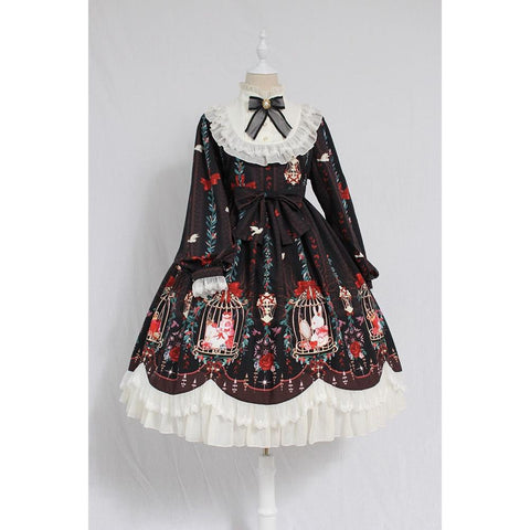 Sonicelife Lolita dress sweet lolita cage dream bow tie OP long-sleeved dress retro victorian dress kawaii girl gothic lolita