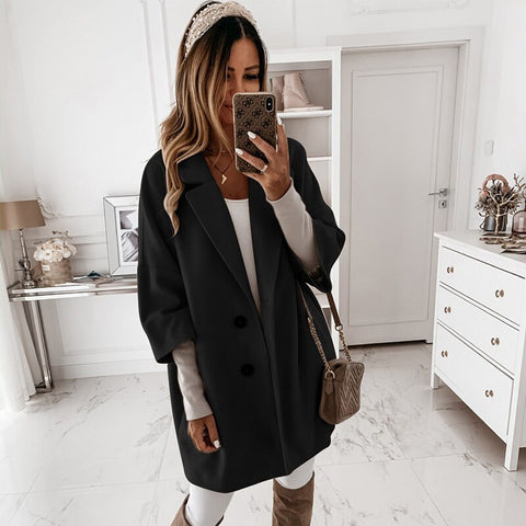 Sonicelife Women Autumn Loose Woolen Blends Coats Winter Casual Three Quarter Sleeve Single Breasted Coat Outwear Loose 2XL Long Overcoats