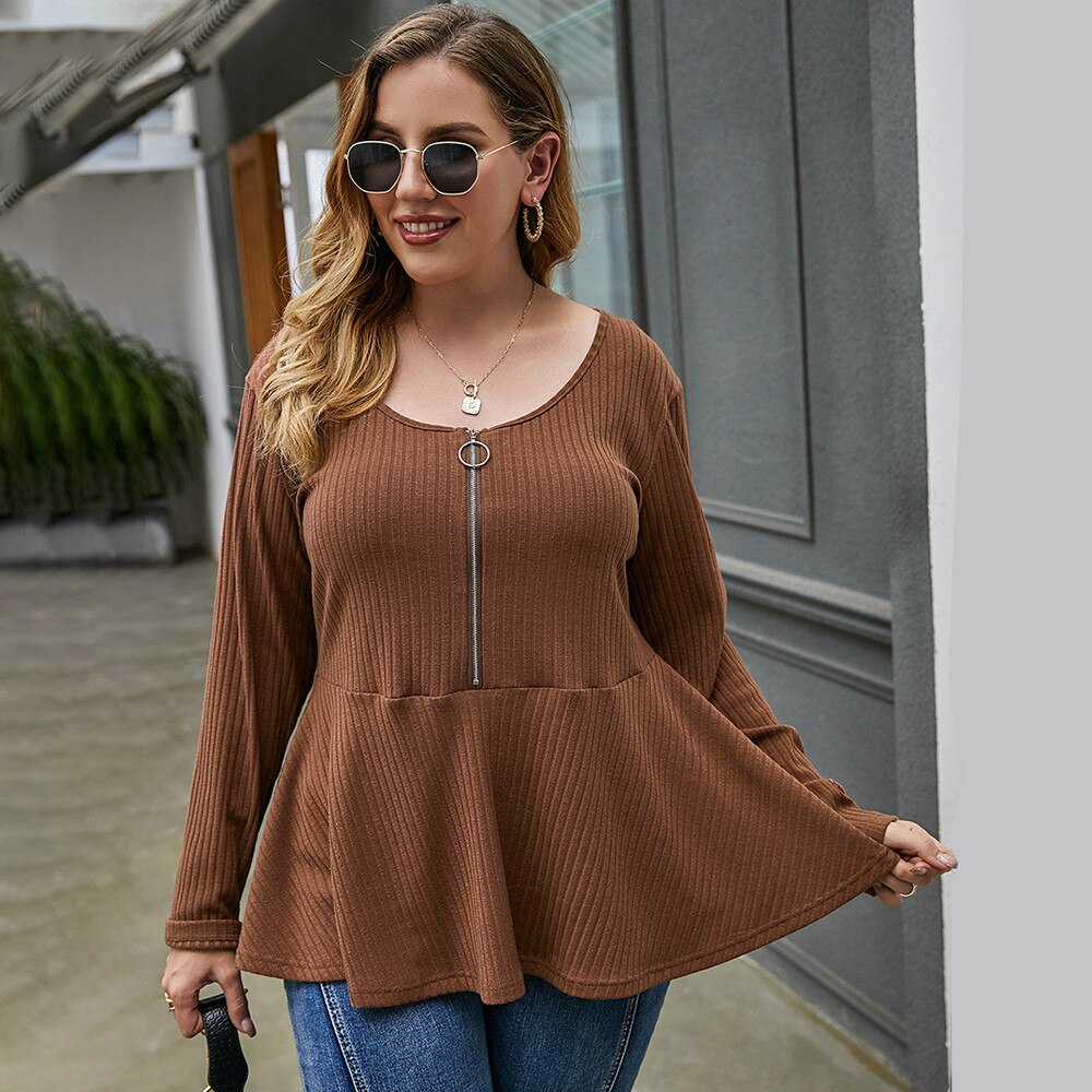 Sonicelife Sale Plus Size 4XL Women Solid Pullover Round Neck Zipper Ruffle Blouse Hem Patchwork Long Sleeve Tunic Shirt Loose Tops D30