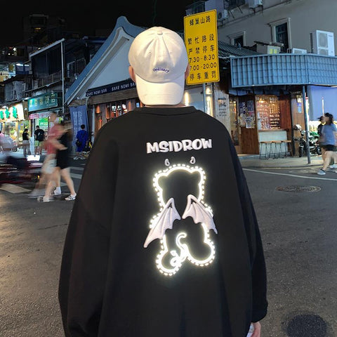 Sonicelife Fashion Harajuku Sweatshirt Hoodies Women Thin Long Sleeve Loose Couple Clothes Reflective Devil Pullover Female Kawaii Tops