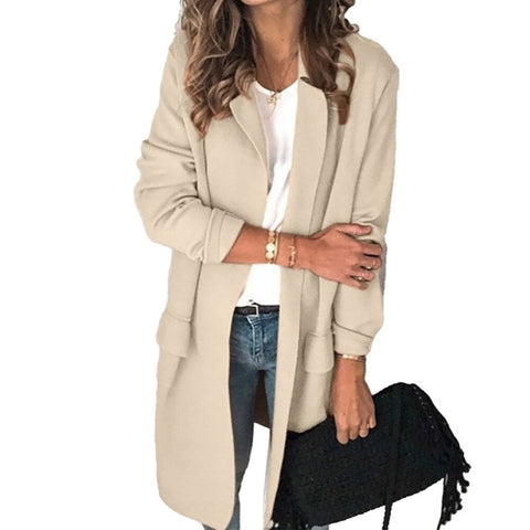 Women Eleagnt Office Lady Blazer Casual Fake Pocket Long Sleeve Long Coat Turn-down Collar Suit Vintage Fashion Winter Jacket