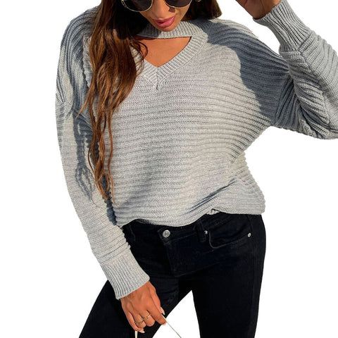 Sonicelife Knitted Solid Women's Hollow Out V Neck Knitwear 2024 Autumn Long Sleeve Sweater Pullovers Office Ladies  Fashion Work Tops