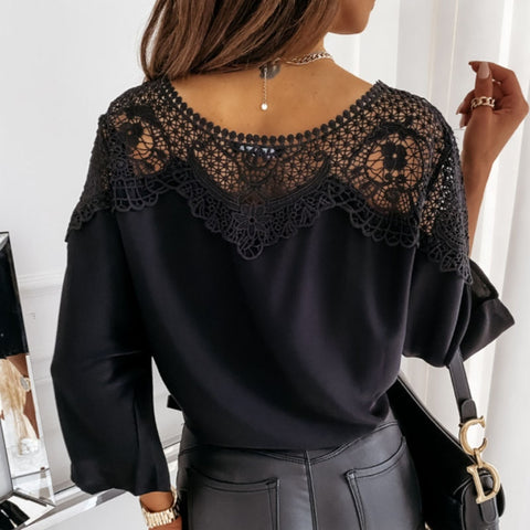 Sonicelife  Casual Women Batwing Sleeve Solid Blouse Elegant Spring Lace Crochet Hollow Out Shirts Office Ladies O Neck Pullover Tops Blusas