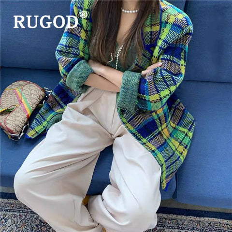 Sonicelife RUGOD Fashion Bright Pink Green Plaid Knit Suit Korean Elegant Notched Collar Belted Vintage Jacket Autumn Winter Women's Suits