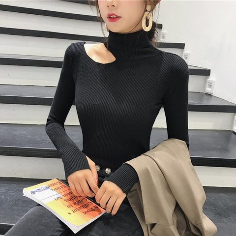 Sonicelife Christmas Gift 2024 Knitted Women high neck Sweater  Off Shoulder Pullovers Turtleneck Autumn Winter Basic Women Sweaters Slim Fit Tops