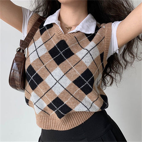 Preppy Style V Neck Casual 90s Aesthetic Clothes For Women Vintage Soft Girl Sleeveless Plaid Knitted Tank Tops Female Knitwear