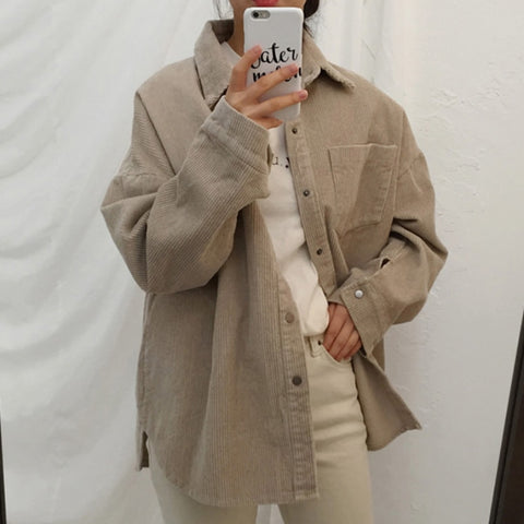 Harajuku Corduroy Women Shirt Jackets Autumn Long Sleeve Thin Coats Casual Vintage Pocket Female Button Up Overcoats 2023