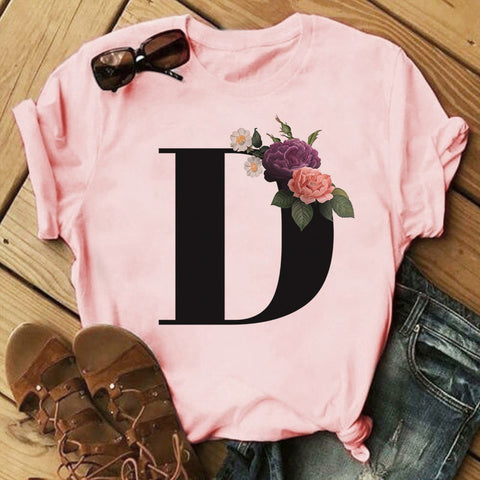 26 Letter Alphabet A-Z Women T-Shirts Fashion Breathable Flowers Short Sleeve Casual Tops Couple Basic Tee Crew Neck Clothes Top
