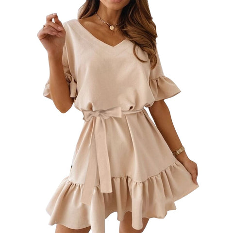 Sonicelife hoco dresses Ladies  Ruffle Mini Dress Casual Short Sleeve Women Party Dresses Elegant V Neck Lace-up Summer Dress Female Vestidos D30