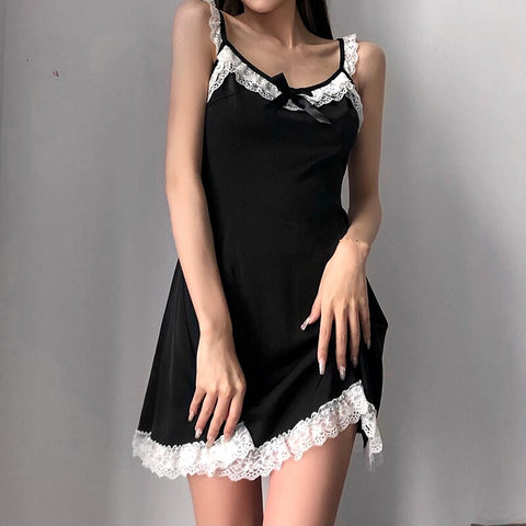Sonicelife White Lace Firm Bows Black Dress for Women Aesthetic Party Clubwear Clothes Vintage Sleeveless Slim Harajuku Dresses 90s