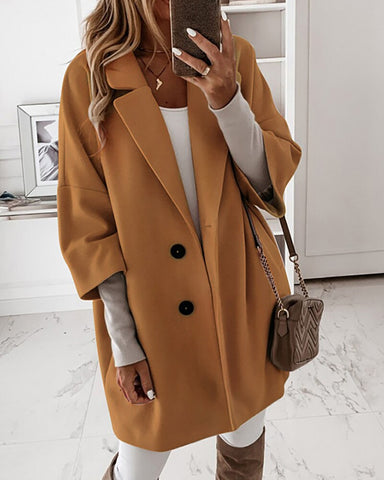 Women Fashion Casual Autumn Spring Solid Woolen Coat OL Female Pockets Loose Plus Size 2XL Button Design Casual Coat