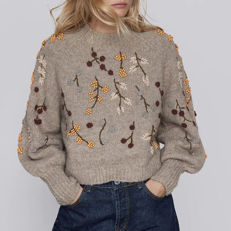 Sonicelife 2023 Winter Women Sweater Vintage Long Sleeve Pullover Chic Flowers Beaded Harajuku Knitted Sweateres Jumpers Top Femme