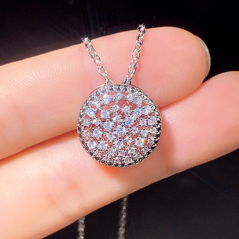 Full Dazzling CZ Stone Round Shaped Pendant Necklace Silver Color O Chain Luxury Wedding Accessories Women Trendy Jewelry
