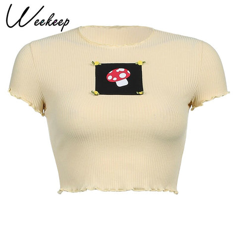 Sonicelife Weekeep Women White Short Sleeve t shirt Cropped Embroidery O-neck Knitted t-shirt 2024 Summer  Bodycon Crop Top