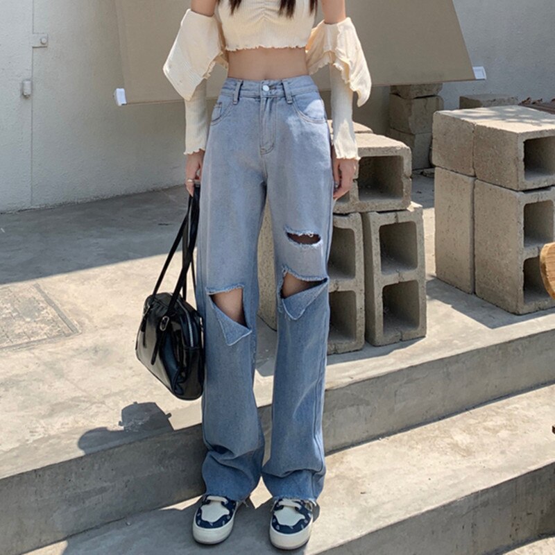 Sonicelife Woman Jeans Ripped High Waist Clothes Wide Leg Denim Clothing Streetwear Vintage Quality 2024 Fashion Harajuku Straight Pants