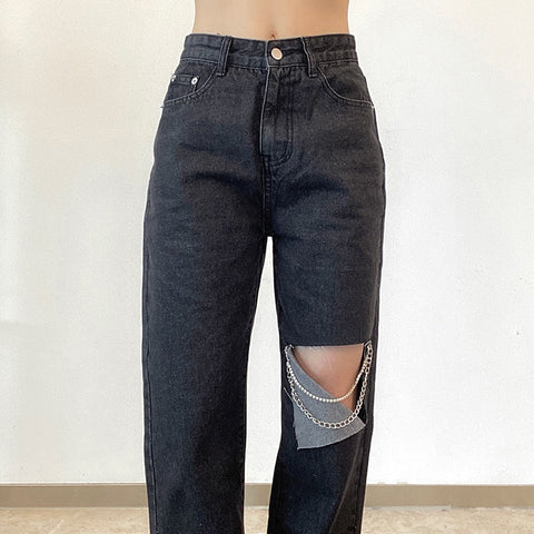 Weekeep Vintage Gothic Cut Out Holes Chain Straight Jeans Women Split High Waist Long Denim Pants Summer Casual Streetwear 2021