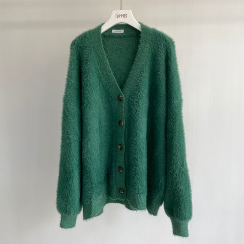 womens tops Sweater Cardigan Women Faux Fur Knitted Sweater Button Green Cardigan Warm Tops