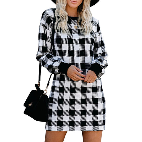 Sonicelife hoco dresses Vintage Plaid Dress Women Christmas Party Mini Dresses Long Sleeve Retro Dress Ladies Round Neck Loose Dress Female Vestidos