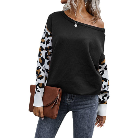 Sonicelife Sale Women Long Sleeve Leopard Printed Sweater Winter Female Casual Patchwork Knitted Sweater Ladies Off Shoulder Pullovers D30