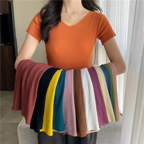 Sonicelife Christmas Gift AOSSVIAO Summer Short Sleeve Korean Style Sweater V-Neck Knitted Pullover Women Sweaters Basic Thin Tops Pull Femme Jumper 2024